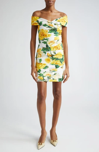 Dolce & Gabbana Rose Print Draped Poplin Mini Dress In Yellow