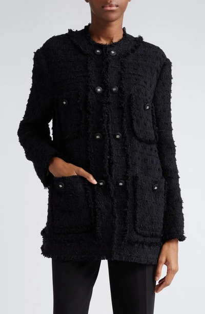 Dolce & Gabbana Dolce&gabbana Logo Button Collarless Tweed Jacket In N0000nero