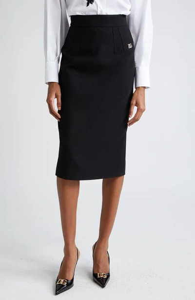 Dolce & Gabbana Mixed Wool Pencil Midi Skirt In Nero