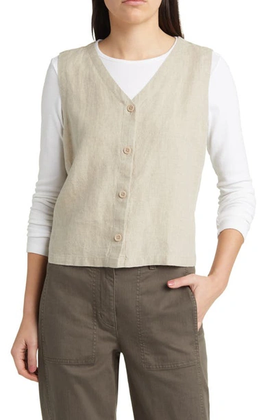 Eileen Fisher V-neck Button-down Organic Linen Waistcoat In Undyed Natural