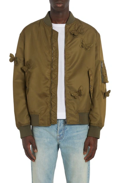 Valentino Bomberjacke Aus Nylon Mit Butterly-stickerei Mann Olive 46