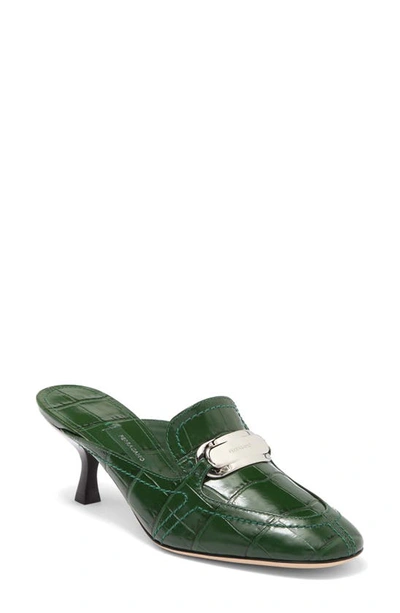 Ferragamo Elodye Logo Croc Embossed Mule In Forest Green