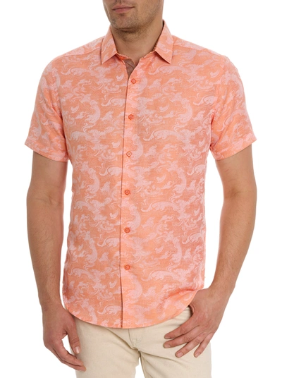 Robert Graham Poseidon Short Sleeve Linen & Cotton Jacquard Button-up Shirt In Orange