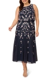 ADRIANNA PAPELL FLORAL EMBELLISHED MESH MIDI GOWN