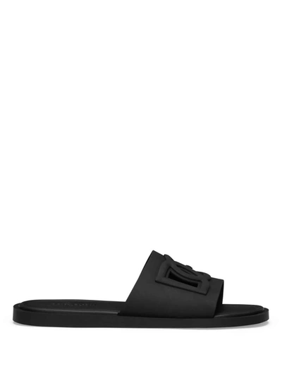 Dolce & Gabbana Embossed Logo Rubber Slides With Open Toe In Black