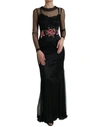 DOLCE & GABBANA BLACK FLORAL EMBROIDERY MESH TULLE GOWN DRESS