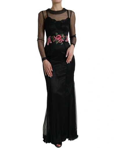 DOLCE & GABBANA BLACK FLORAL EMBROIDERY MESH TULLE GOWN DRESS