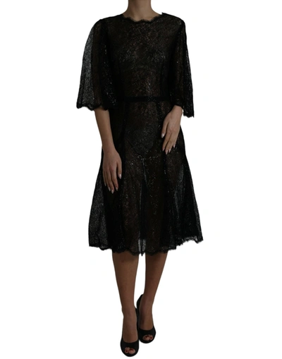 DOLCE & GABBANA BLACK FLORAL LACE SHEER A-LINE MIDI DRESS