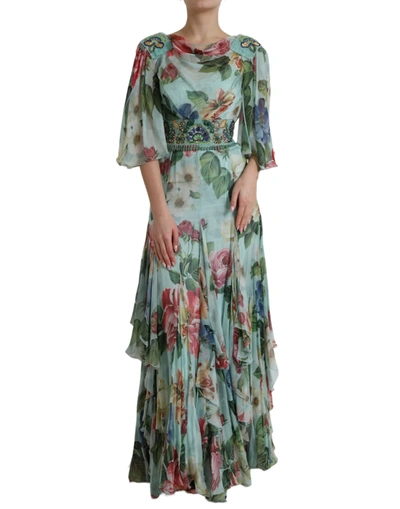 DOLCE & GABBANA BLUE FLORAL PRINT TIERED LONG MAXI DRESS