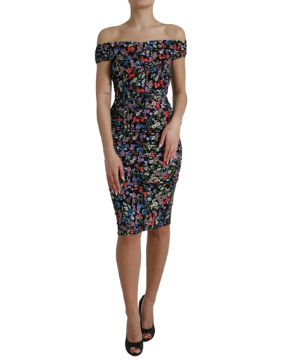 Dolce & Gabbana Multicolor Floral Sheath Off Shoulder Dress