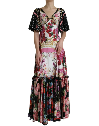 DOLCE & GABBANA MULTICOLOR FLORAL PRINT SILK TWILL GOWN DRESS