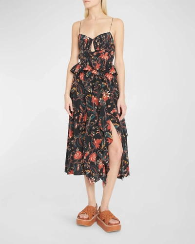 ULLA JOHNSON RENATA FLORAL RUFFLED MIDI DRESS IN OBSIDIAN FLORAL BLACK