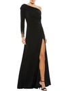 Mac Duggal Long-sleeve Beaded Cuff Asymmetric Jersey Wrap Gown In Multi