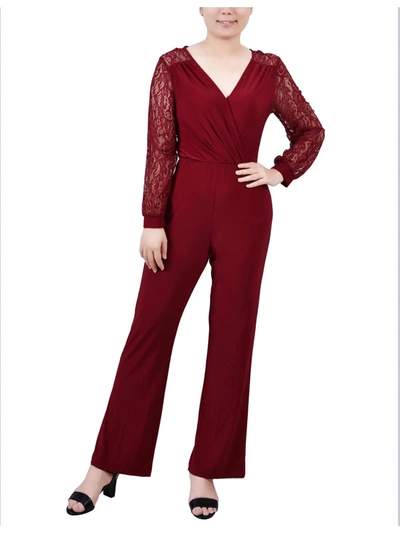 Ny Collection Petites Womens Surplice Lace Trim Jumpsuit In Red