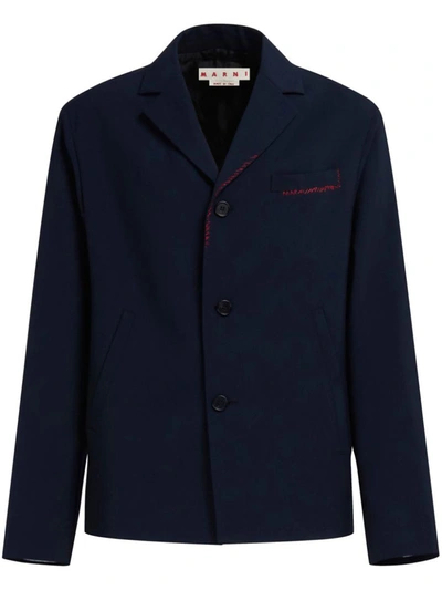 Marni Contrast-stitch Wool Blazer In Blue