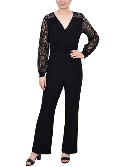 Ny Collection Petites Womens Surplice Lace Trim Jumpsuit In Black