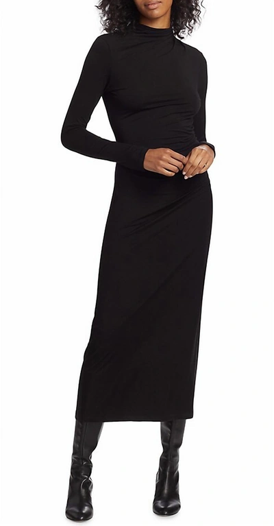 VINCE LONG SLEEVE TURTLE NECK RUCHED MIDI DRESS IN BLACK