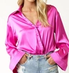 Blue Blush Satin Surplice Bodysuit In Magenta In Pink