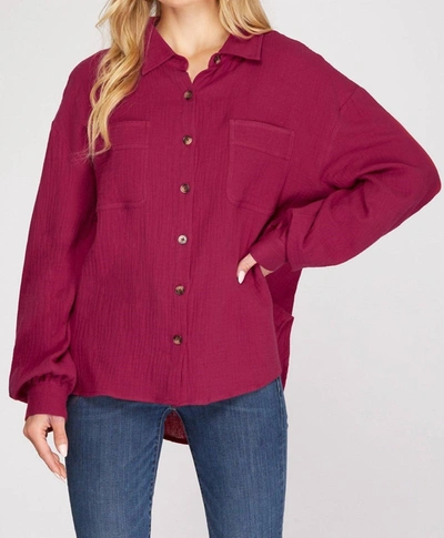 She + Sky Long Sleeve Gauze Button Down Top In Magenta In Pink