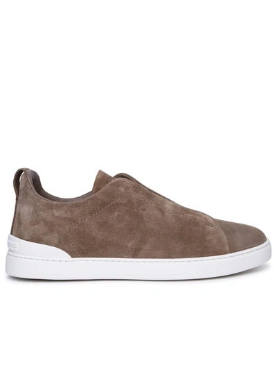 ZEGNA ZEGNA 'TRIPLE STITCH' BROWN LEATHER SNEAKERS