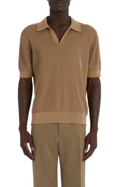 Dolce & Gabbana Ribbed-knit Cotton Polo Shirt In Beige