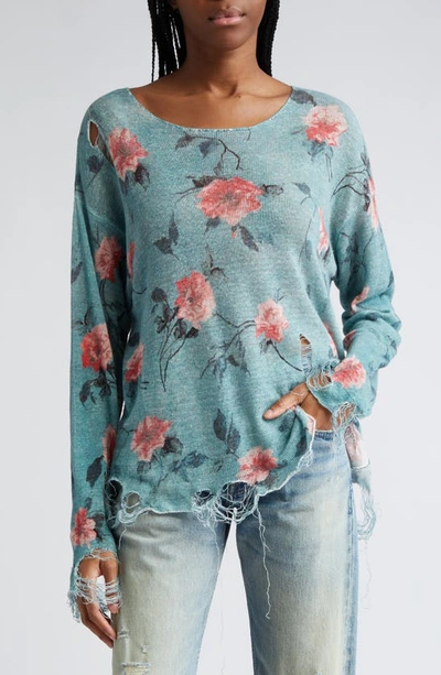 R13 Women's Floral Distressed Linen Boyfriend Sweater In Blue Floral