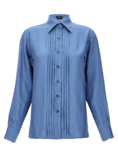 Tom Ford Pleated Plastron Shirt Shirt, Blouse In Light Blue