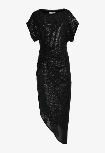 In The Mood For Love Sahar Sequin Puff-sleeve Asymmetric Midi Dress In Black