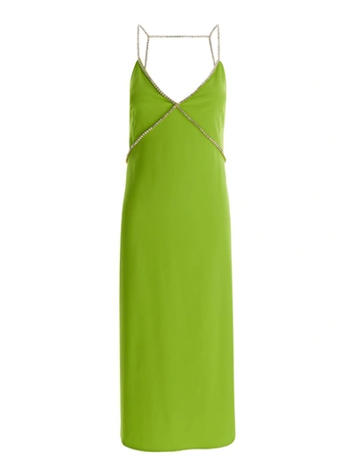 Liu •jo Avocado Green Midi Dress With Rhinestone Straps In Crepe Fabric Woman