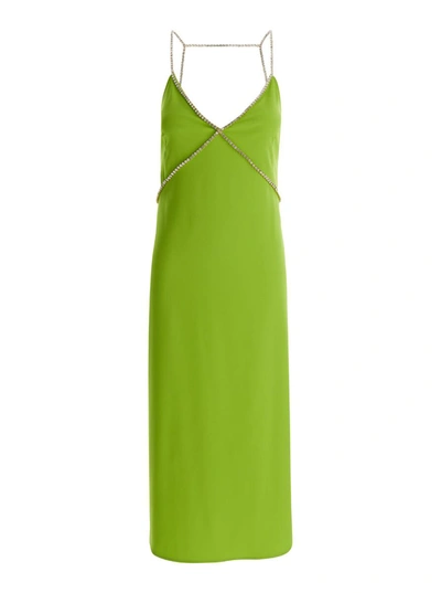 Liu •jo Avocado Green Midi Dress With Rhinestone Straps In Crepe Fabric Woman In Green