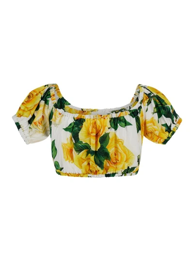 DOLCE & GABBANA YELLOW CROP TOP WITH ALL-OVER FLOWER PRINT IN COTTON WOMAN