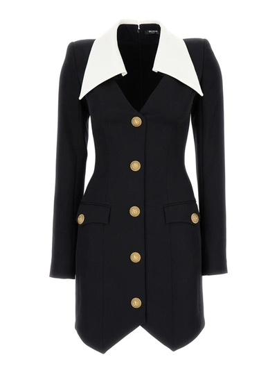 Balmain Long-sleeve Buttoned Grain De Poudre Short Dress In Black