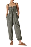 LUCKY BRAND SHIRRED COTTON & LINEN UTILITY JUMPSUIT