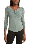 Lucky Brand Lace Detail Cotton Rib Henley Top In Balsam Green