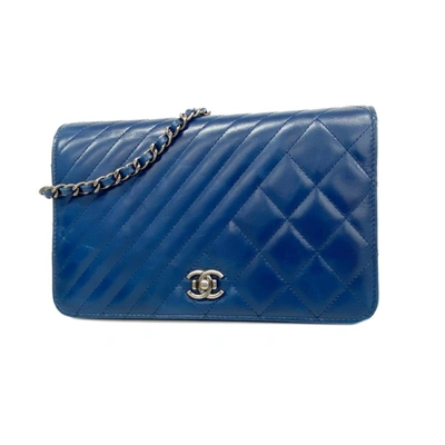 Pre-owned Chanel Wallet On Chain Leather Wallet () In Blue