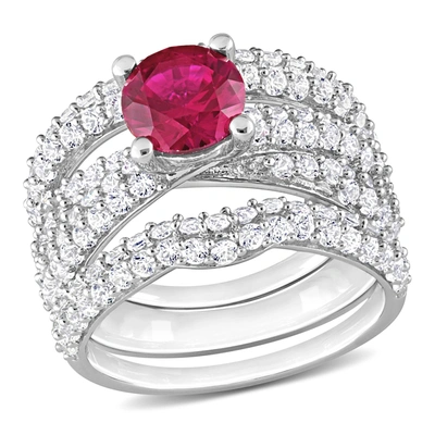 Mimi & Max 4 1/5ct Tgw Created Ruby Created White Sapphire Bridal Ring Set In Sterling Silver In Red