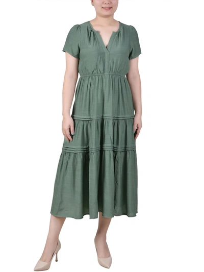 Ny Collection Petite Short Sleeve Tiered Midi Dress In Green