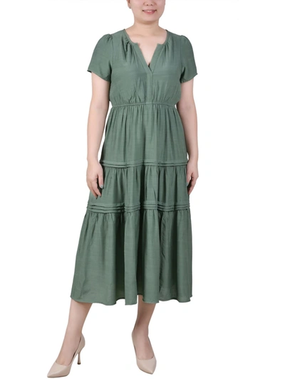 Ny Collection Petite Short Sleeve Tiered Midi Dress In Dark Ivy
