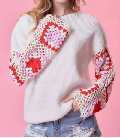 Main Strip Crochet Heart Sleeve Sweater In White
