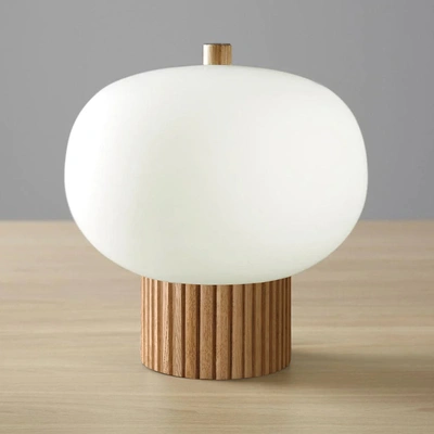 Nova Of California Tambo Accent Table Lamp - Natural Ash Wood Finish, Weathered Brass, White Linen Shade In Brown