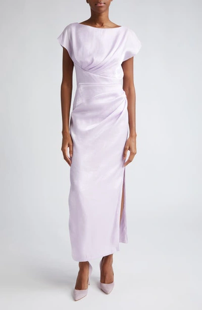 Lela Rose Florence Draped Cap-sleeve Slit Midi Dress In Lilac