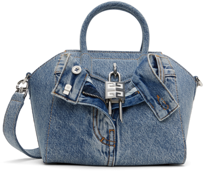 Givenchy Blue Mini Antigona Lock Denim Bag In 420-medium Blue