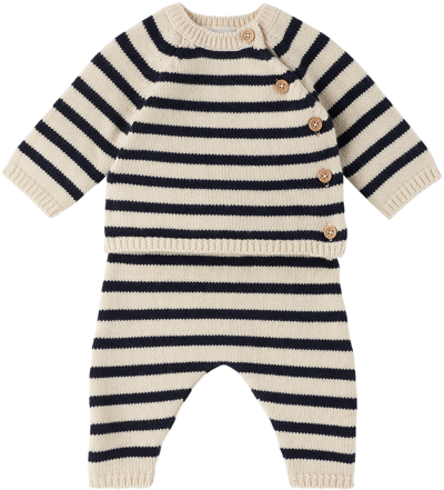 Petit Bateau Kids' Baby Beige & Navy Sweater & Lounge Pants Set In 01 Avalanche/smoking