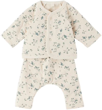 Petit Bateau Kids' Baby Beige Quilted Cardigan & Lounge Pants Set In 03 Avalanche/herbier