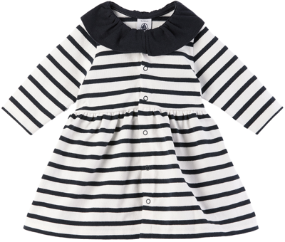 Petit Bateau Baby White & Navy Sailor Stripes Dress In 01 Marshmallow/smoke