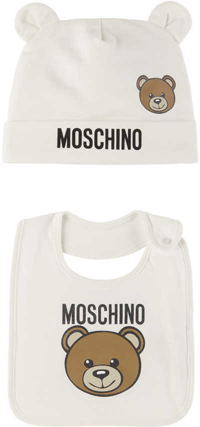 Moschino Baby White Printed Beanie & Bib Set In 10063 Cloud