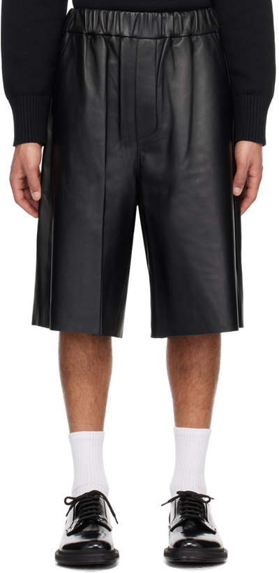 AMI ALEXANDRE MATTIUSSI BLACK ELASTICIZED WAISTBAND LEATHER SHORTS