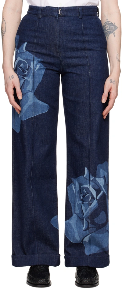 Kenzo Indigo  Paris Rose Tailored Jeans In Rinse Blue Denim