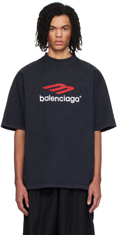 Balenciaga Black 3b Sports Icon T-shirt In Fade Black/red/white