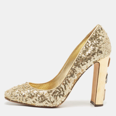 Pre-owned Dolce & Gabbana Gold Sequins Studded Heel Square Toe Pumps Size 38.5